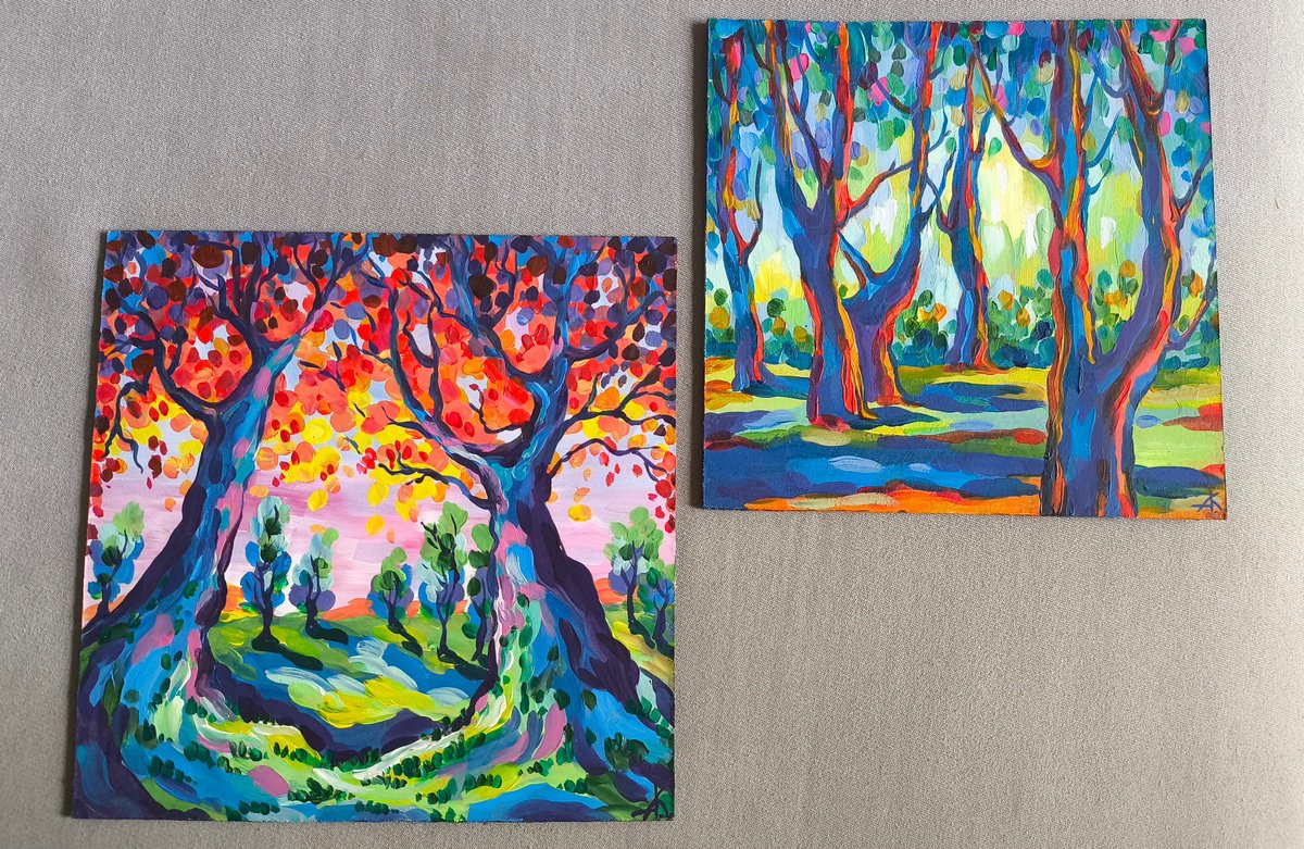 Impressionistic Botanical Acrylic Painting By Anastasia Kozorez, 19 X 10, Walk Among The Trees, Original Artwork