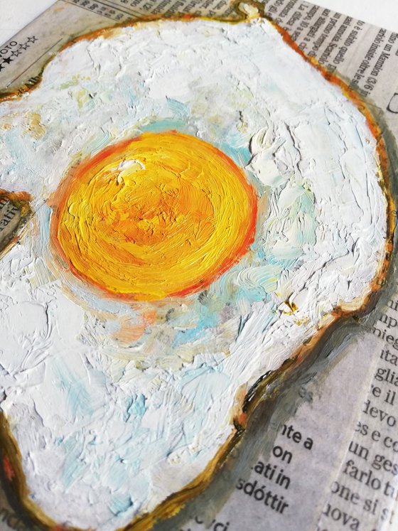 "Egg on Newspaper" Original Painting Food Art 7 by 5"  (18x13 cm)