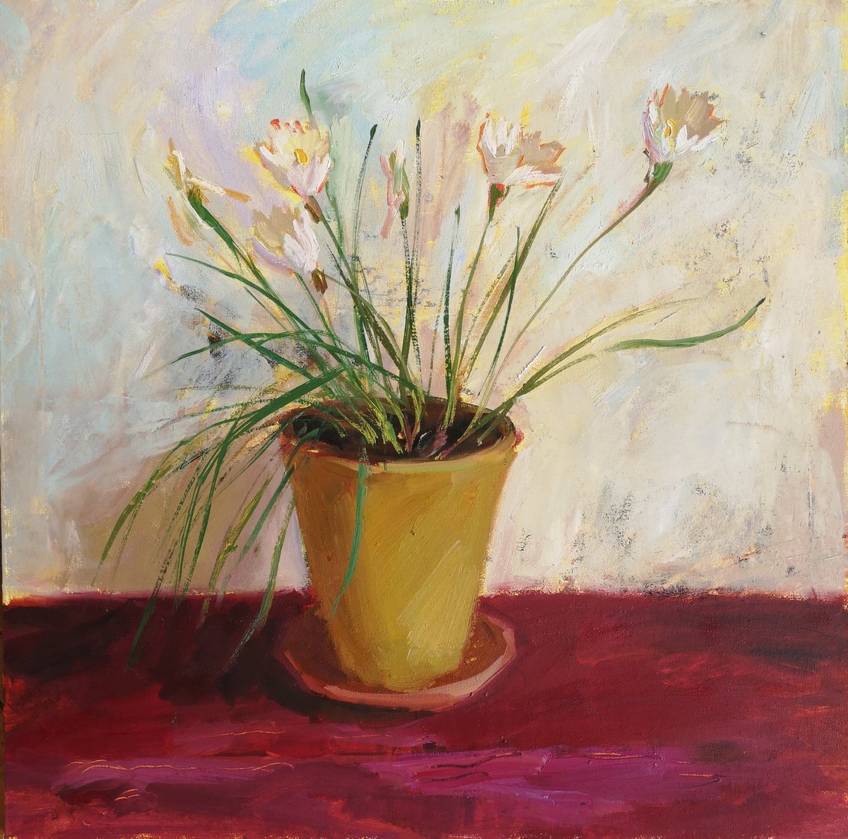 Impressionistic Botanical Oil Painting By Olga Samar, 16 X 16", Flowering Plant, Original Artwork