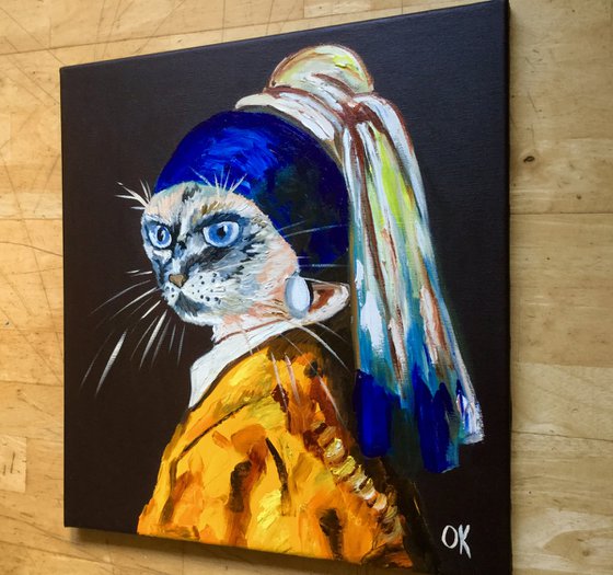 Siamese Cat with the pearl earring. Feline art. Blue eyes. Gift idea for cat lovers