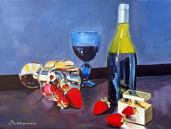 Still life when Red Wine and Strawberries