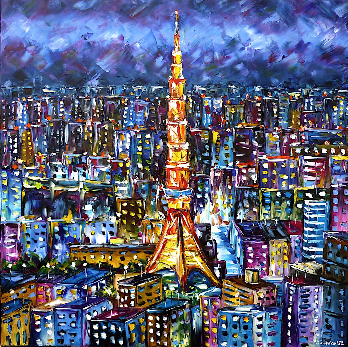 Expressive Cityscapes Oil Painting By Mirek Kuzniar, 31 X 31", Night Over Tokyo, Original Artwork
