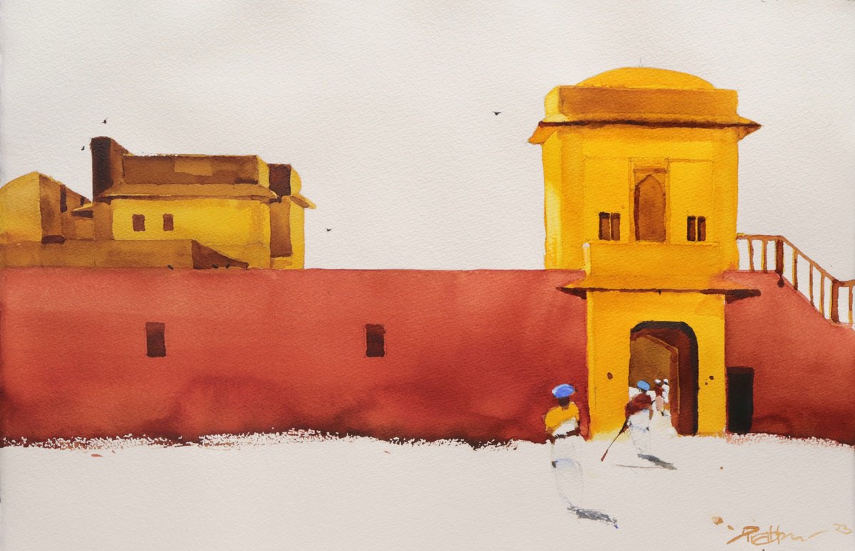 Impressionistic Cityscapes Watercolour By Prashant Prabhu, 22 X 15", Red And Yellows Of Jaipur, Original Artwork