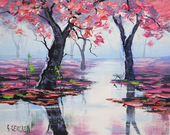 Pink blossom trees lake landscape