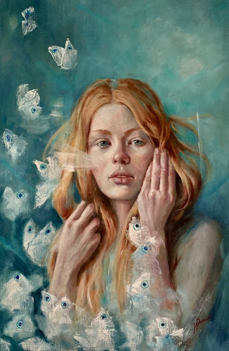 Expressive Portrait Oil Painting By Maria Romano, 16 X 24", Fragility In Flight, Original Artwork