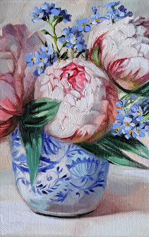 Peonies and forget-me-not by Nataly Derevyanko