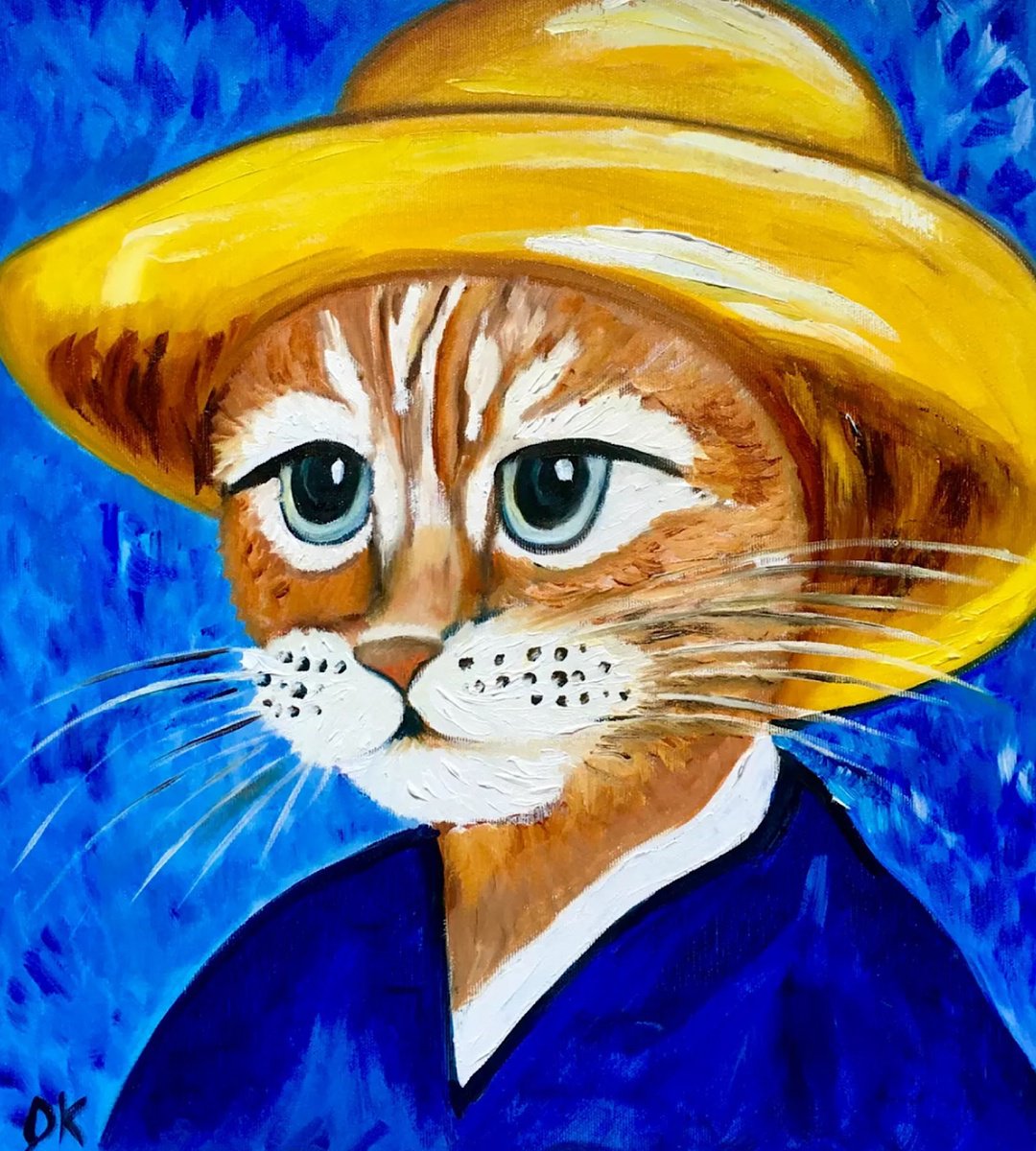 Impressionistic Animal Oil Painting By Olga Koval, 16 X 18", Cute Cat La Vincent Van Gogh, Original Artwork