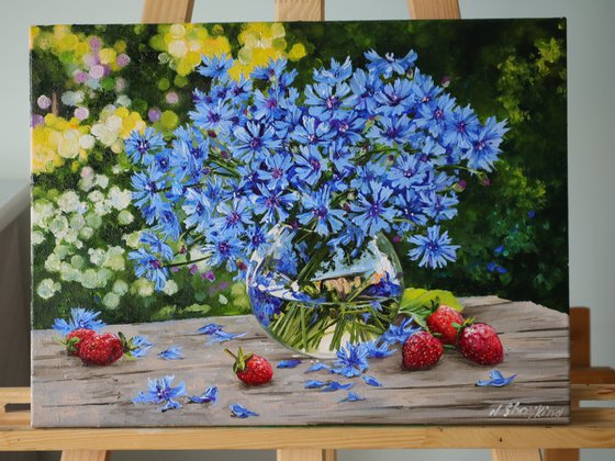 Sunlit Blue Cornflowers with Strawberries