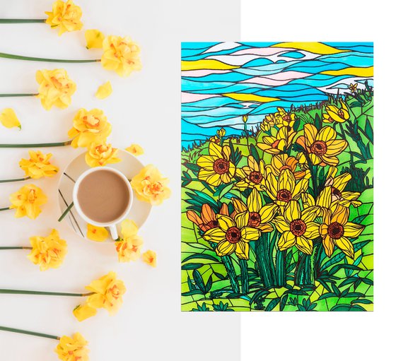 Yellow daffodils flowers field - colorful floral art in stained glass style