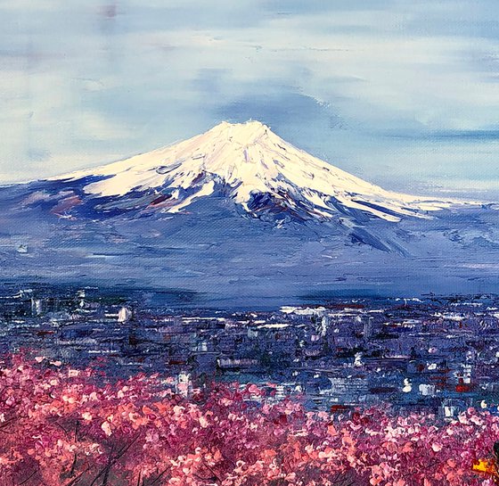 FUJIYAMA - Mountain. Japan. Temple. Culture. History. Sakura. Blooming gardens. Rosewood. Spring. Sky.