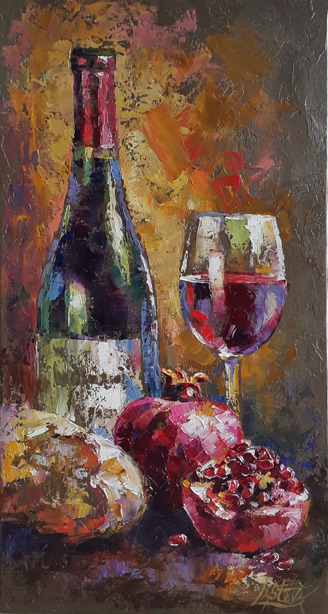 Impressionistic Still Life Oil Painting By Viktoria Lapteva, 14 X 27", Astringency Of Red Wine, Original Artwork