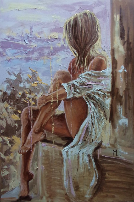 " OVER THE ROOFS ... "-   liGHt  ORIGINAL OIL PAINTING, GIFT, PALETTE KNIFE nude WINDOW