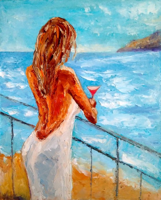 Woman Painting Romantic Original Art Female Figure Artwork Ocean Beach Wall Art