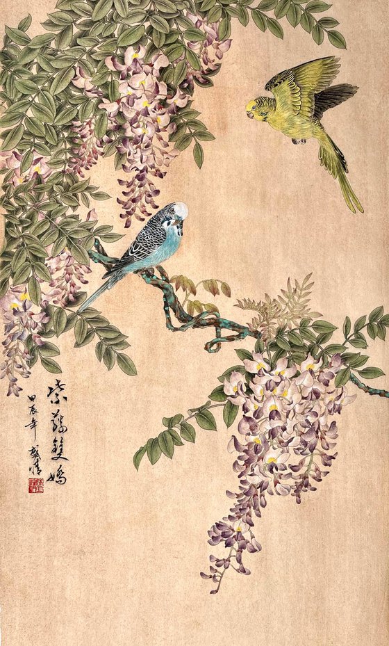 Wisteria & Parakeets