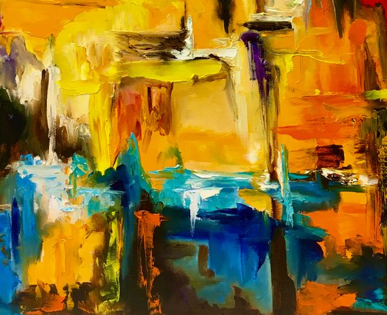 Modern Abstract City, orange sunset, palette knife original oil painting.