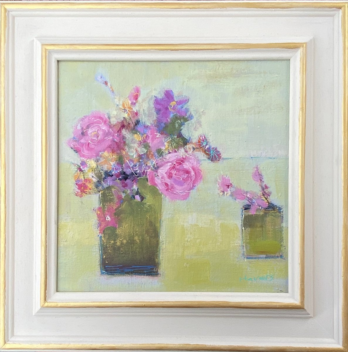 Impressionistic Botanical Acrylic Painting By Chrissie Havers, 15 X 15, Greens With Roses, Original Artwork