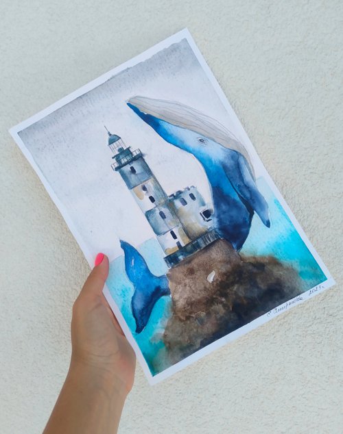 Lighthouse and whale (small) by Evgenia Smirnova