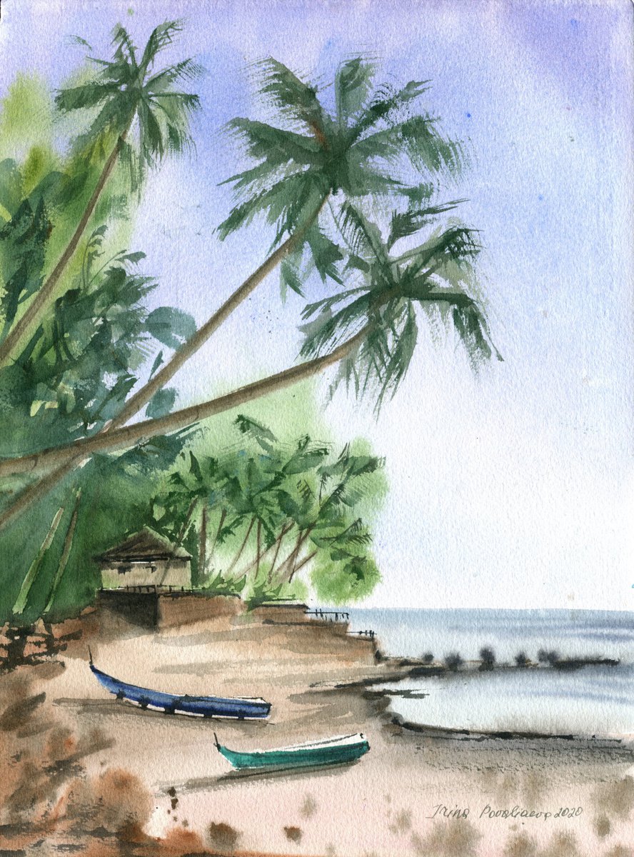 Hawaiian coast boats, ocean original watercolor, rest and relaxing painting, blue sea wal... by Irina Povaliaeva