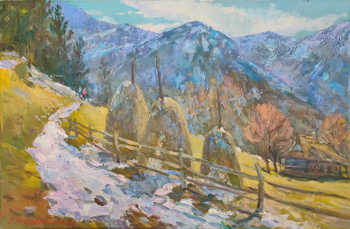 Impressionistic Landscape Oil Painting By Viktor Mishurovskiy, 24 X 16", Spring In The Carpathians, Original Artwork