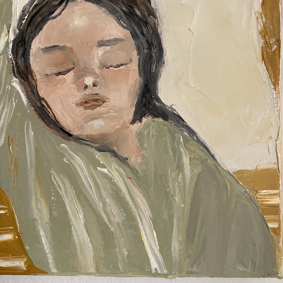 Calm poetic impasto woman portrait