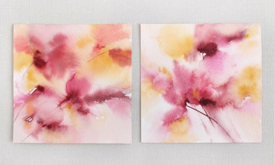Pink flowers. Small watercolor floral painting set of 2