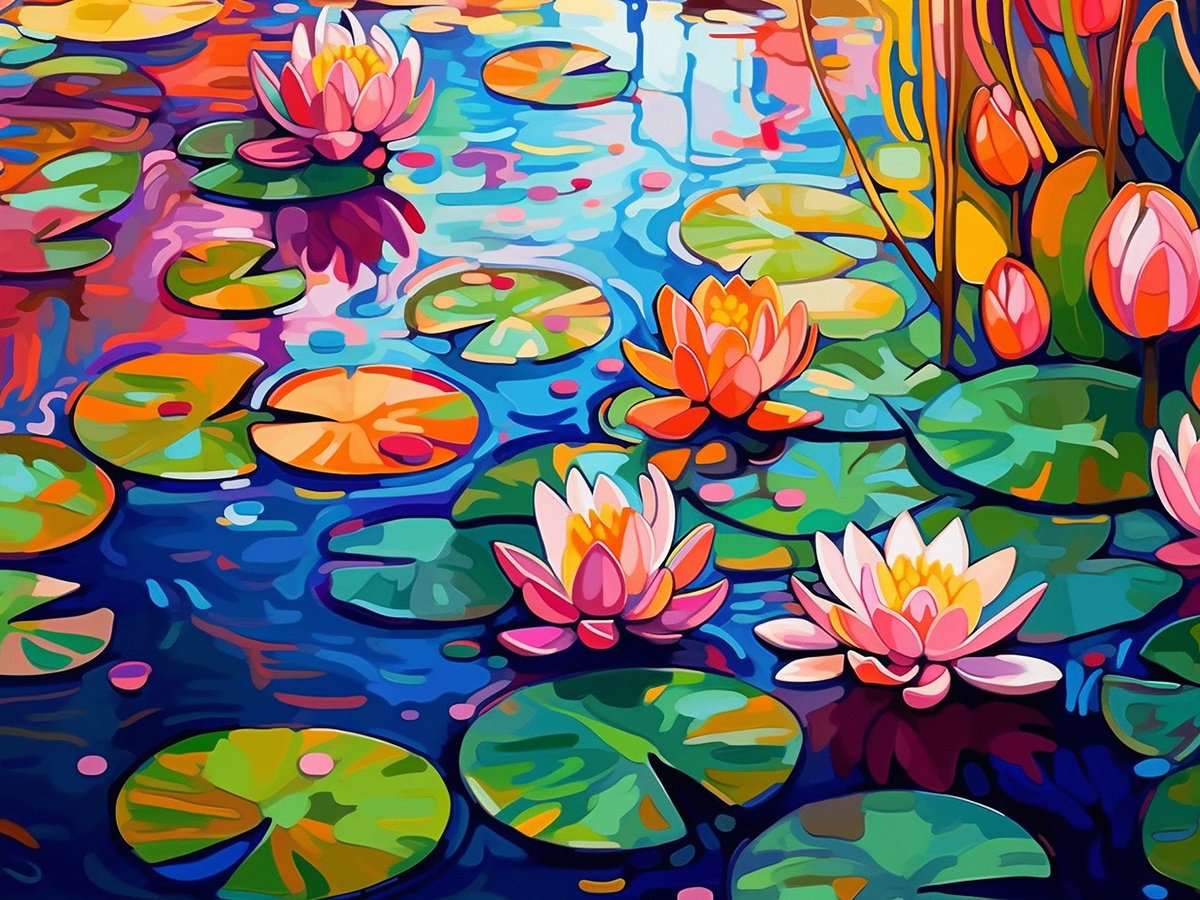 Impressionistic Botanical Acrylic Painting By Kosta Morr, 31 X 24", Water Lilies Ii, Original Artwork