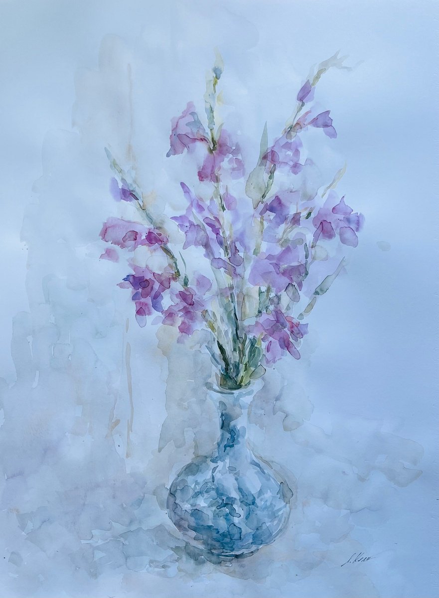 Impressionistic Botanical Watercolour By Elena Klyan, 20 X 26, Natural Gladioli 50X65 Cm 2025, Original Artwork