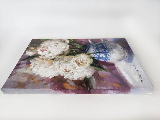 Peony oil painting original, White flowers in art painting on canvas, Peonies small paintings, Flowers oil painting, Floral painting