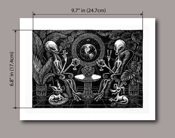 Alien couple. UFO art. Linocut print.