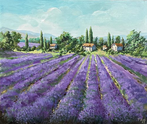 Lavender field. Acrylic painting. Original art. Provence landscape. Flower landscape. by Tetiana Vysochynska