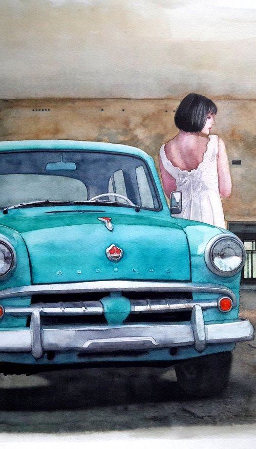 60s of the last century (Girl with Retro Light Blue Car) by REME Jr.