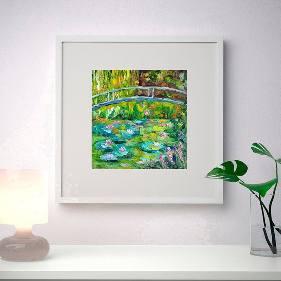 Monet Pond Painting Impressionism Original Art Water Lily Artwork Landscape Impasto Floral Wall Art