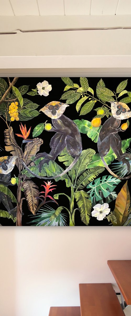 Jungle Heart Beat  - Black Monkeys - Art-Deco - Organic Floral, XL LARGE PAINTING by Artemisia