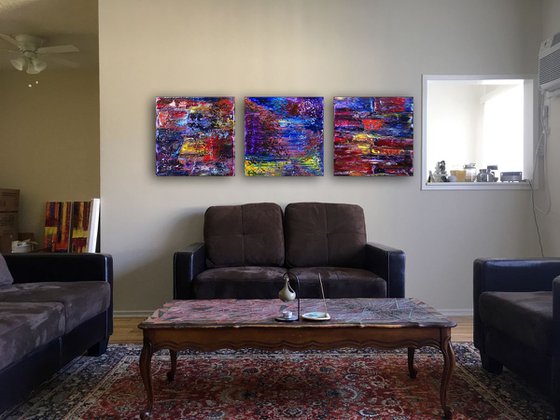 "Playtime Is Over" - FREE WORLDWIDE SHIPPING - Original Large PMS Abstract Triptych Oil Paintings On Canvas - 60" x 20"