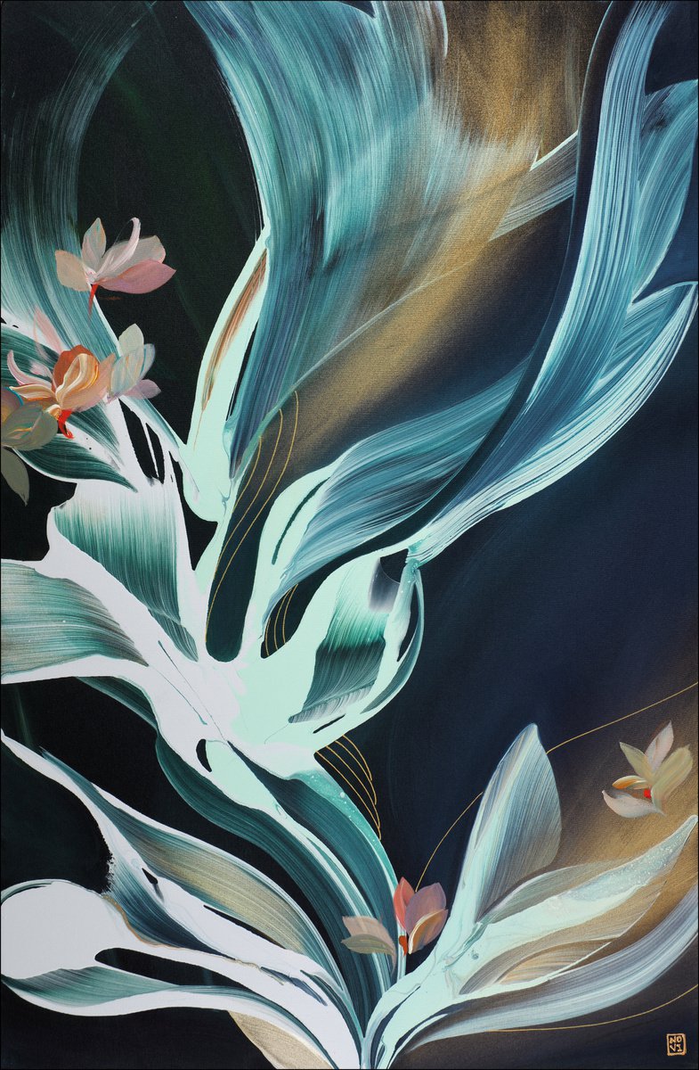 Abstract Acrylic Painting By Novi Lim, 30 X 45", Silky Waters, Original Artwork