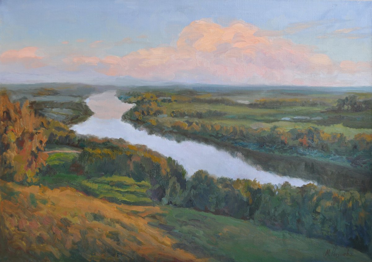 Landscape with a river original oil painting by Marina Petukhova