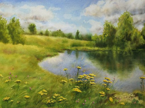 Summer day at the lake by Olga Beliaeva Watercolour