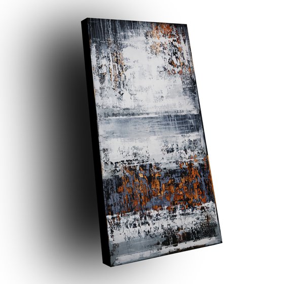 WINTER EVENING - 120 X 60 CMS - ABSTRACT ACRYLIC PAINTING ON CANVAS * WHITE * COPPER