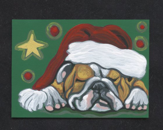 ACEO ATC Original Painting Christmas English Bulldog Pet Dog Art-Carla Smale