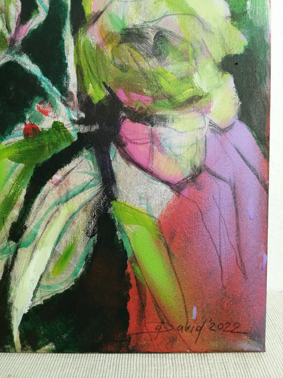 Green-pink peonies modern mixed media painting