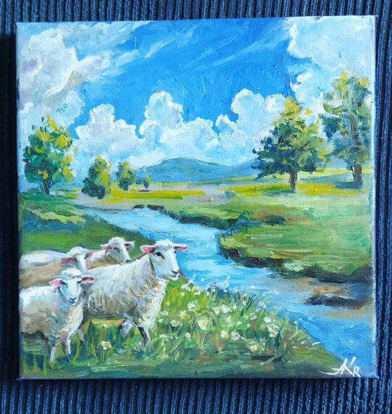 Sheep by River Landscape