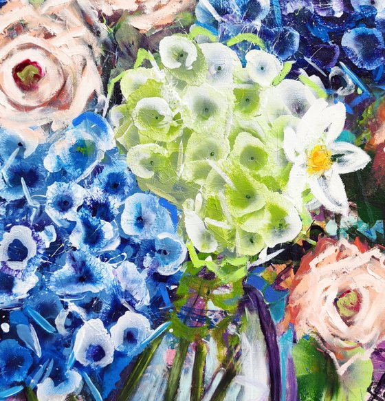 Blue Hydrangea and Roses