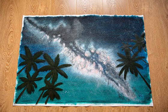 Tropical night symphony with palm trees