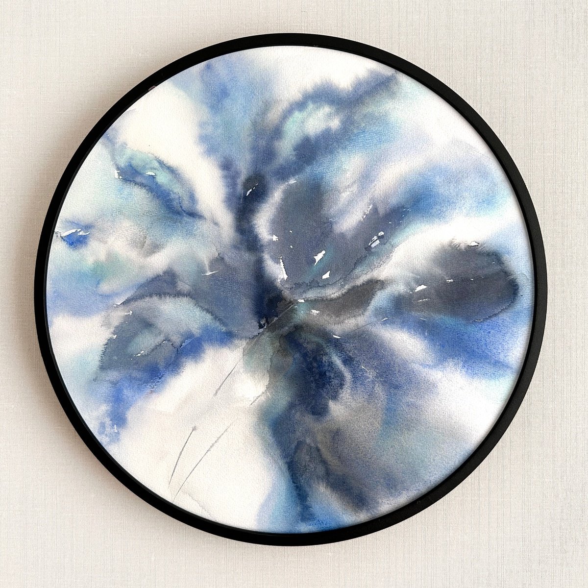 Blue flowers round painting by Olga Grigo