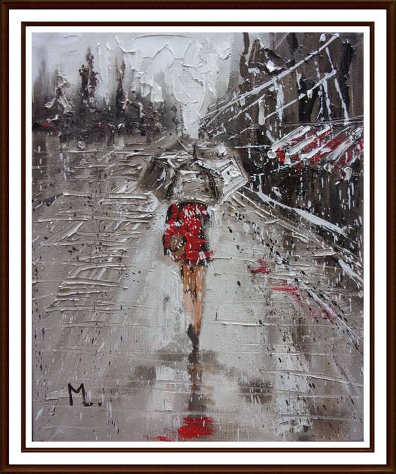 " Rainy Afternoon " original painting CITY palette knife VALENTINE'S DAY