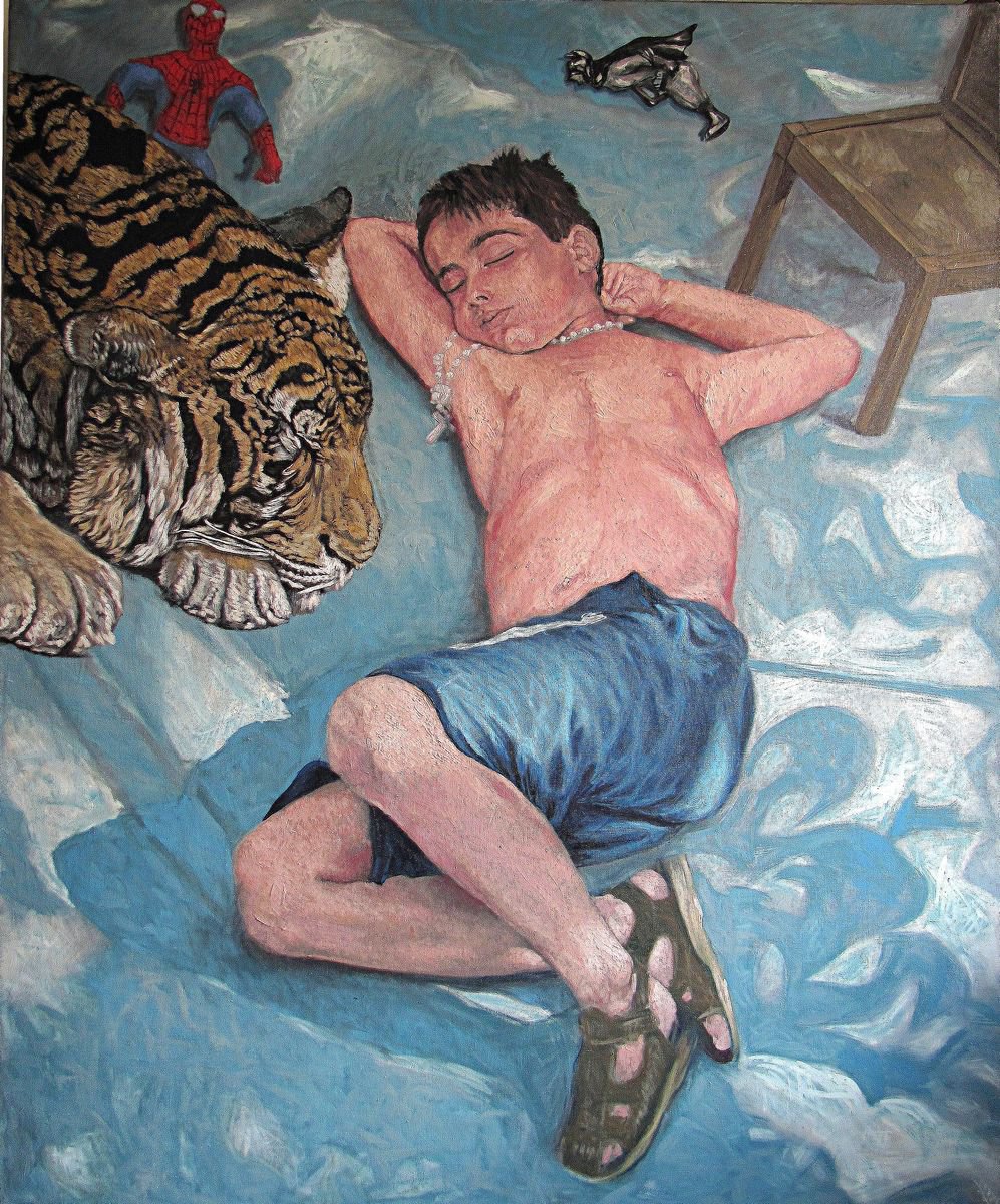 Portrait Oil Painting By Antonio Mele, 55 X 66, Sleeping In The Garden., Original Artwork