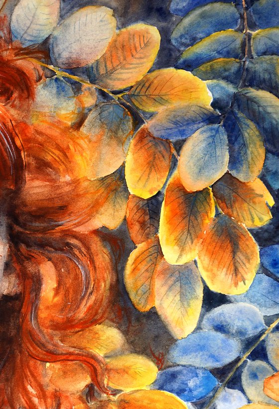 ORIGINAL Watercolor Portrait of a Woman - Flame Leaves - Orange Beauty