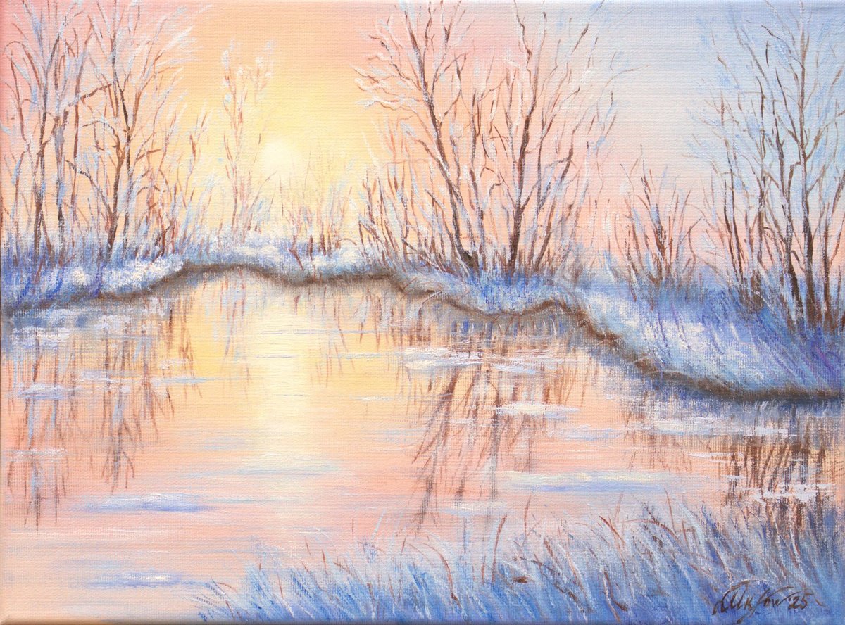 Impressionistic Landscape Oil Painting By Ludmilla Ukrow, 16 X 12", Winter Sunset, Original Artwork