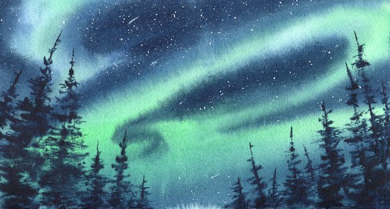 Northern Lights. Winter landscape. Original watercolor.