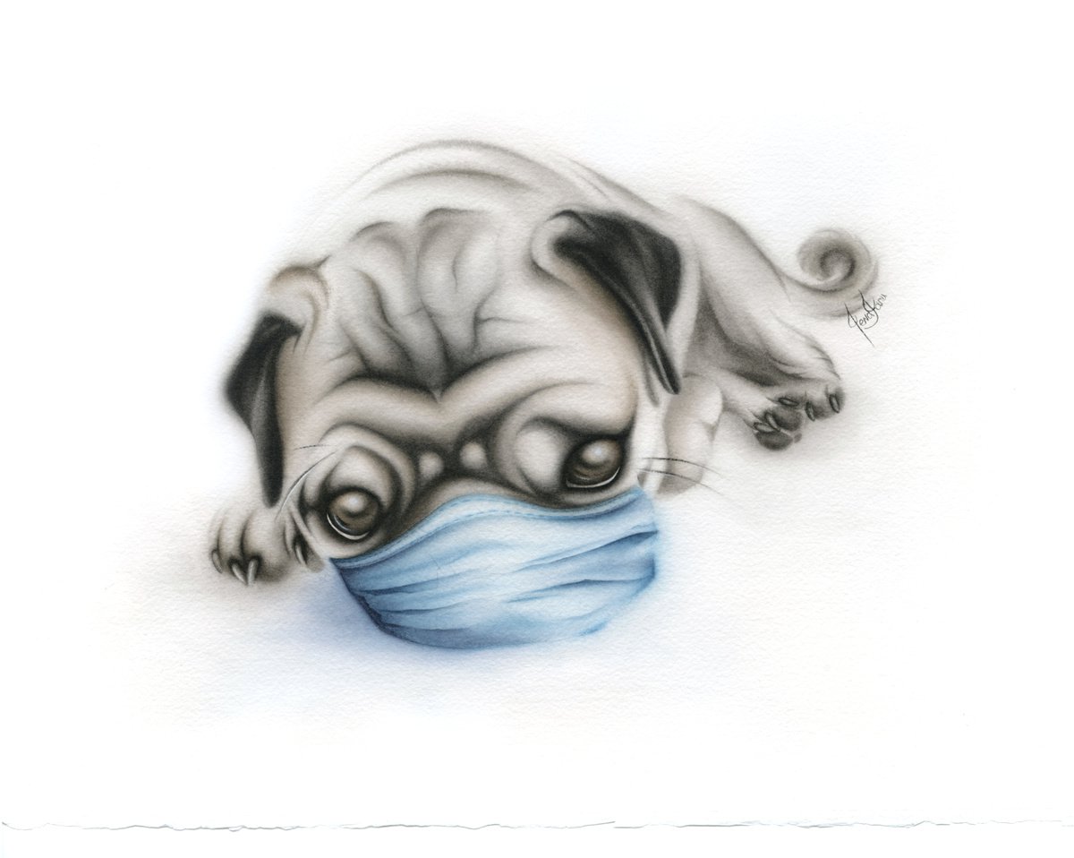 Smelling Spring in 2020 - Pug with mask watercolor painting by ieva Janu